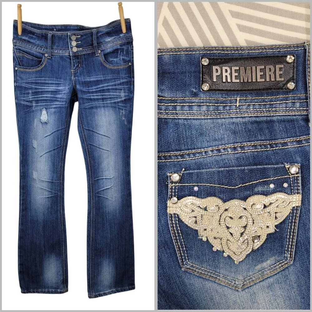 PREMIERE Boot Jeans 5/6 Regular Blue Low Rise Bling Pocket Y2K Distressed VTG